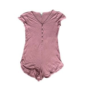 No Boundaries Womens Mauve Pink Ribbed Henley Romper Short Sleeve Size M 7-9